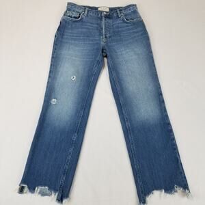 We The Free Jeans Womens 26 Blue Distressed Straight Leg Raw Hem High Rise Denim